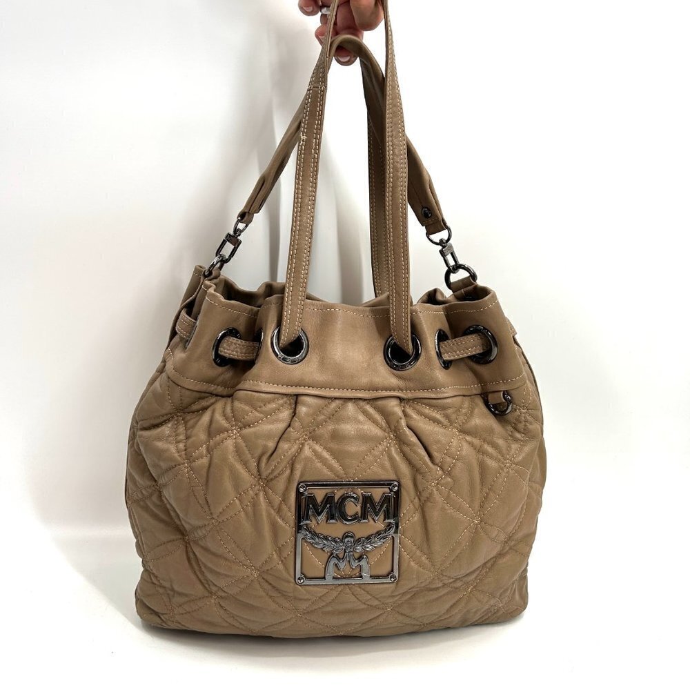 MCM Beige Calfskin Leather Quilted Bucket Tote Bag Luxury Purse